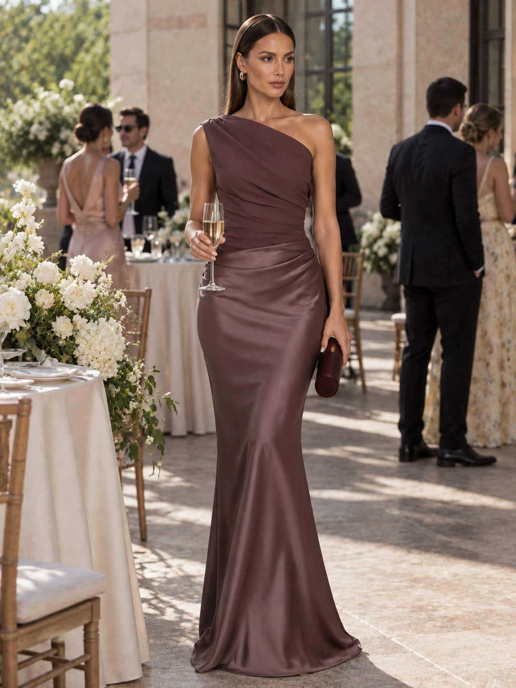 Women’s Purple Elegant Satin One Shoulder Sleeveless Column Maxi Dress with Draped Waist