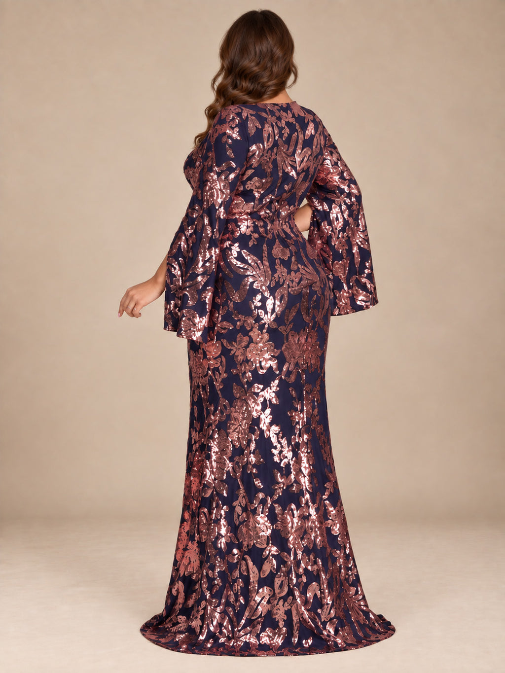 Women’s Navy Blue Elegant Sequin V-Neck Cape Sleeve Mermaid Maxi Dress with Rose Gold Floral Embroidery
