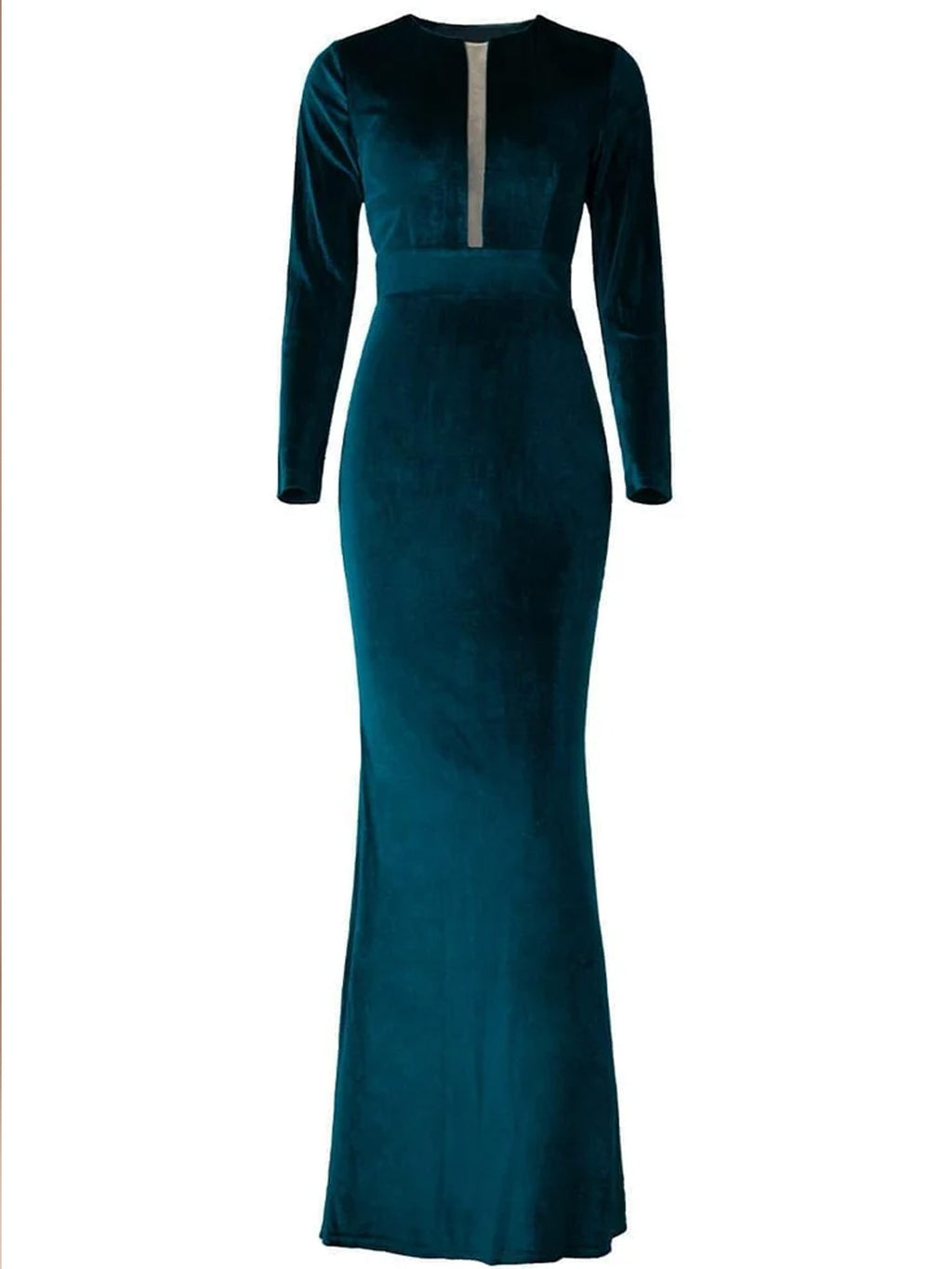Women’s Dark Green Elegant Velvet V-Neck Long Sleeve Mermaid Maxi Dress with Sheer Mesh Detail