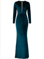 Women’s Dark Green Elegant Velvet V-Neck Long Sleeve Mermaid Maxi Dress with Sheer Mesh Detail