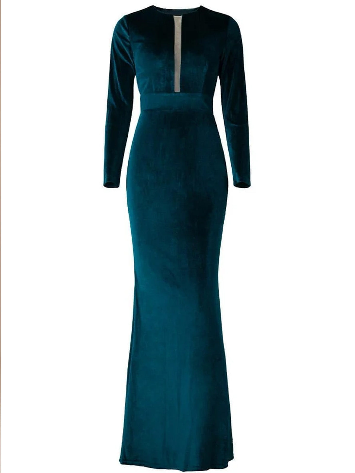 Women’s Dark Green Elegant Velvet V-Neck Long Sleeve Mermaid Maxi Dress with Sheer Mesh Detail
