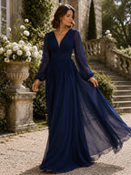 Women’s Navy Blue Elegant Chiffon V-Neck Long Sleeve Regular Floor-Length Wedding Guest Dress with Pleated Detail