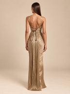 Women’s Gold Elegant Metallic Pleated Sweetheart Neck Sleeveless Column Maxi Dress with Corset Detail