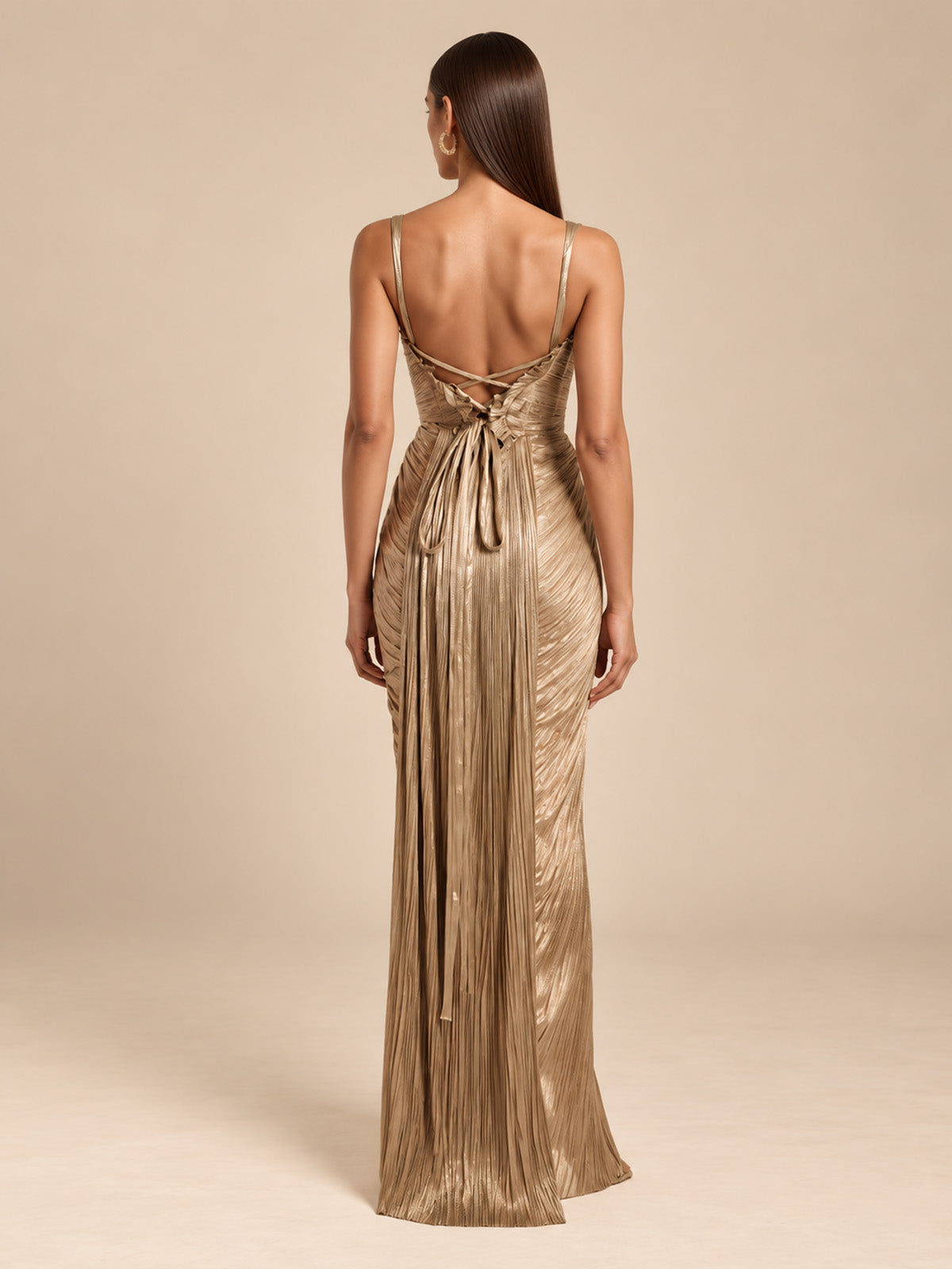 Women’s Gold Elegant Metallic Pleated Sweetheart Neck Sleeveless Column Maxi Dress with Corset Detail