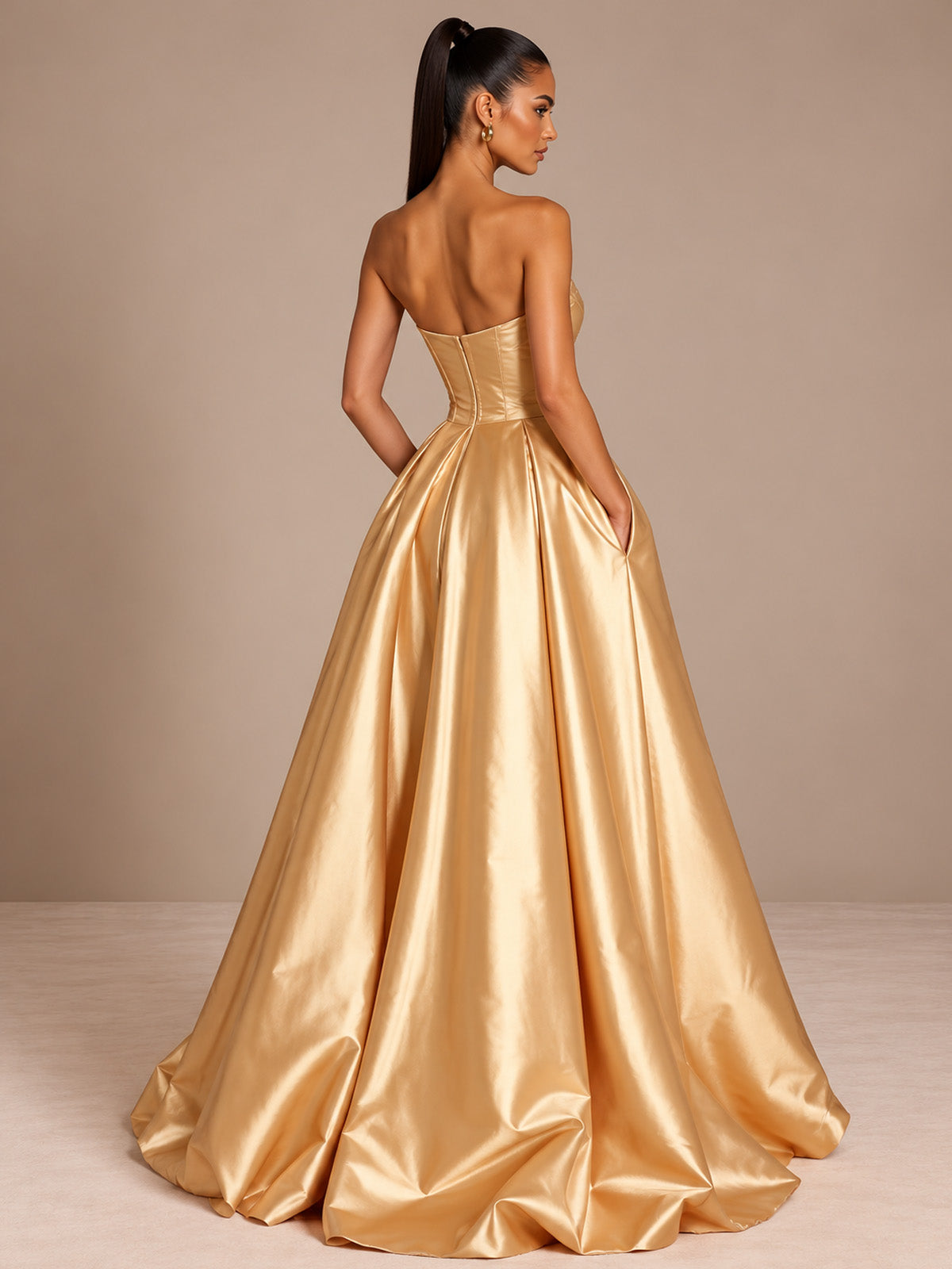 Women’s Black Glamorous Satin Strapless Sweetheart Neck Sleeveless A-Line Maxi Dress with Sequin Detail, Corset Waist and High Slit