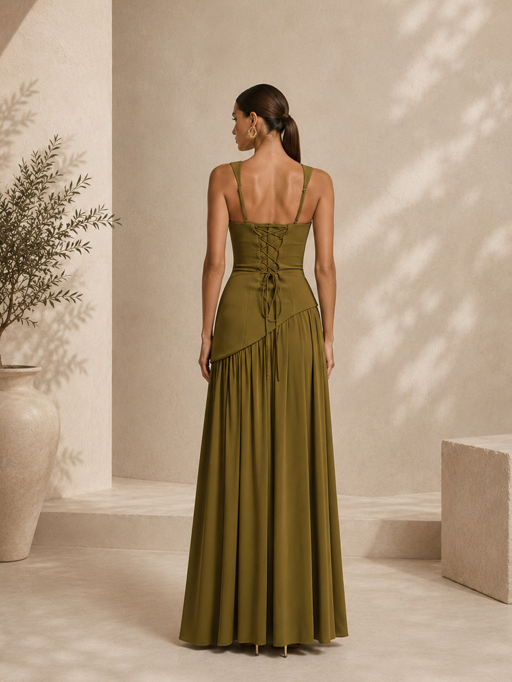 Women’s Olive Green Elegant Stretch Woven Square Neck Sleeveless Slim Maxi Dress