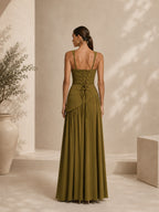 Women’s Olive Green Elegant Stretch Woven Square Neck Sleeveless Slim Maxi Dress