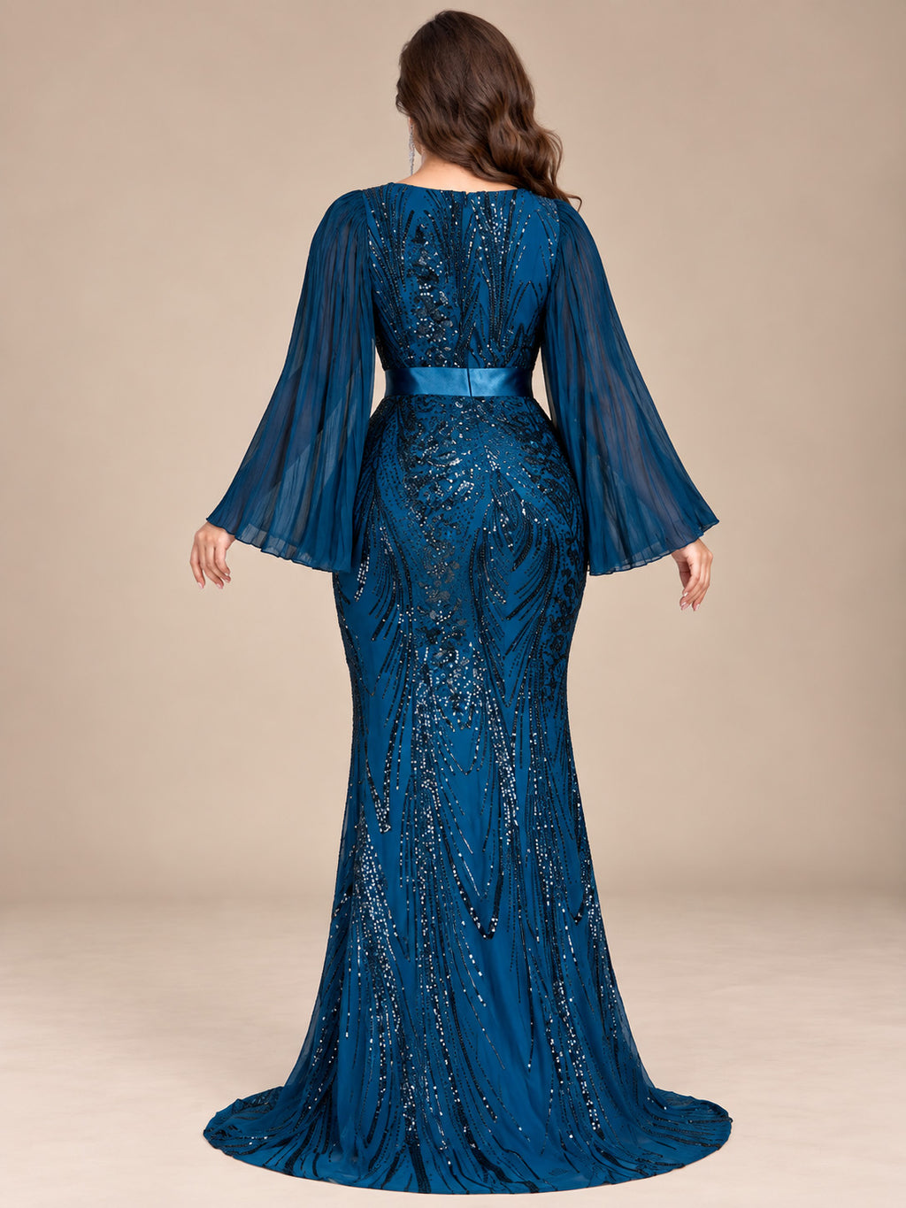 Women’s Teal Blue Elegant Sequin V-Neck Long Bell Sleeve Mermaid Maxi Dress with Pleated Chiffon Detail
