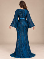 Women’s Teal Blue Elegant Sequin V-Neck Long Bell Sleeve Mermaid Maxi Dress with Pleated Chiffon Detail