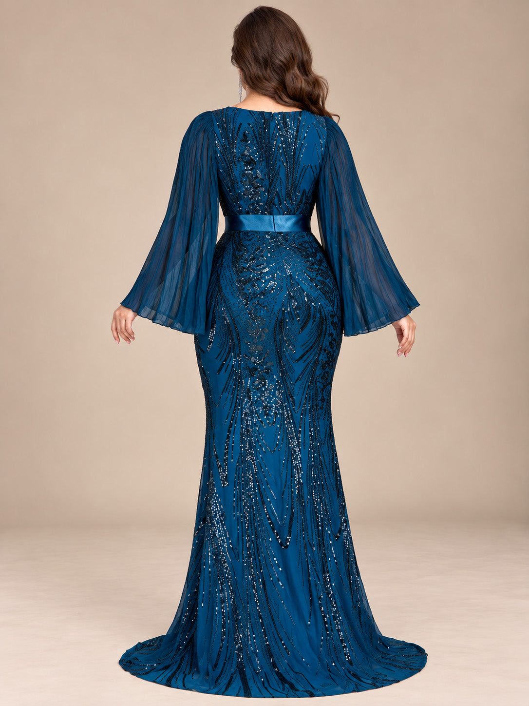Women’s Teal Blue Elegant Sequin V-Neck Long Bell Sleeve Mermaid Maxi Dress with Pleated Chiffon Detail