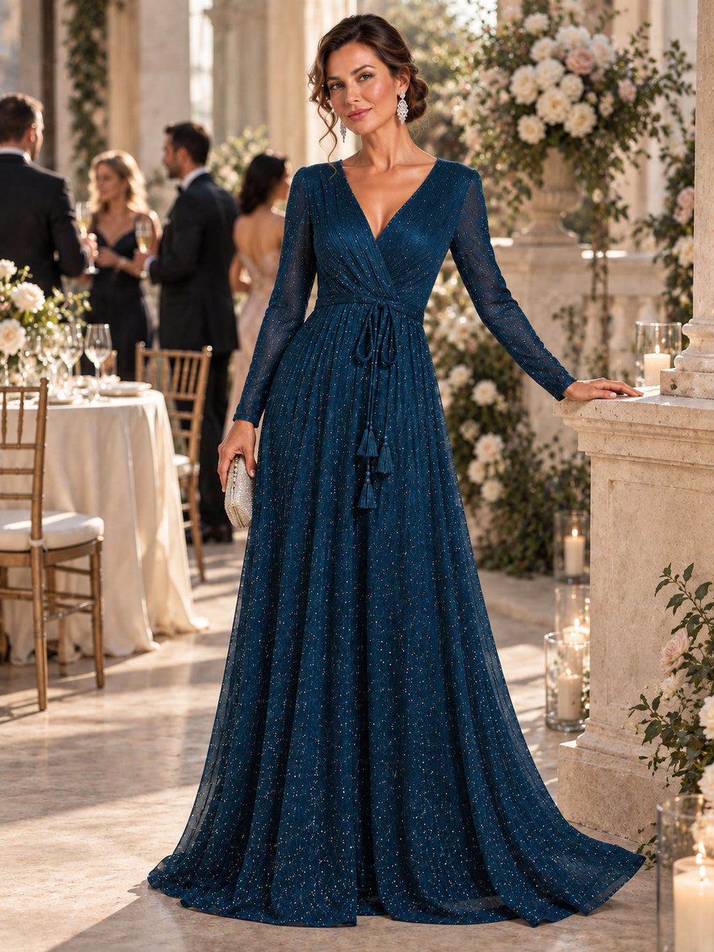 Women’s Navy Blue Elegant Glitter Mesh V-Neck Long Sleeve A-Line Maxi Dress with Tassel Tie Waist
