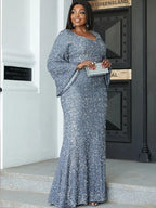 Women’s Silver Blue Glamorous Sequin Mesh V Neck Long Bell Sleeve Mermaid Maxi Dress with Embellished Detail