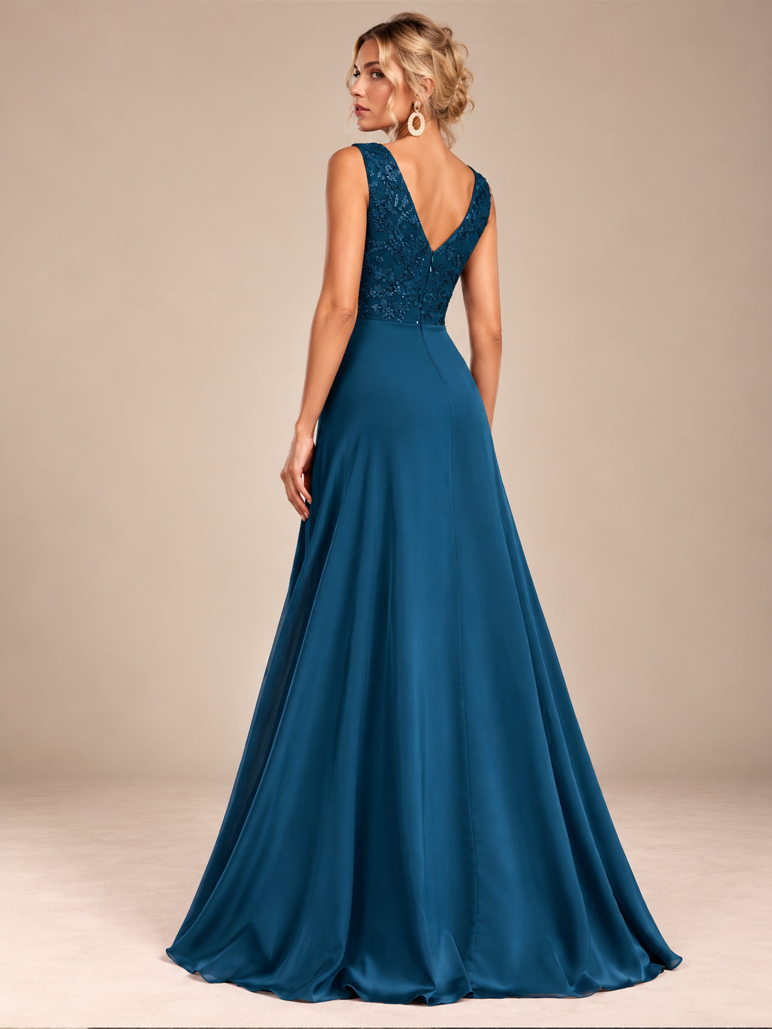Women’s Teal Blue Elegant V-Neck Sleeveless Pleated A-Line Maxi Dress with Sequin Detail and High Slit