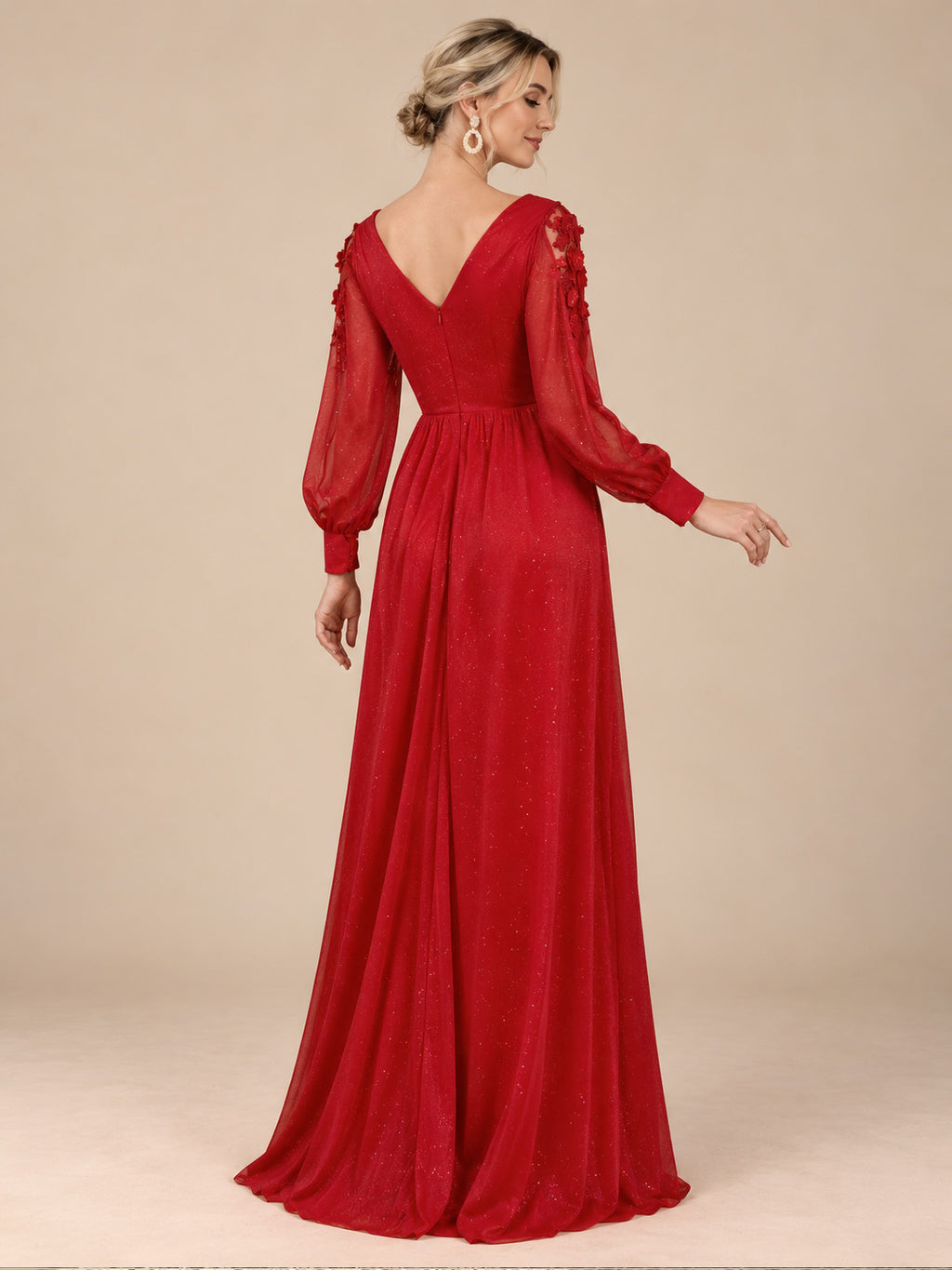 Women’s Red Elegant Glitter V-Neck Sheer Long Sleeve A-Line Maxi Dress with Floral Appliqué and High Slit