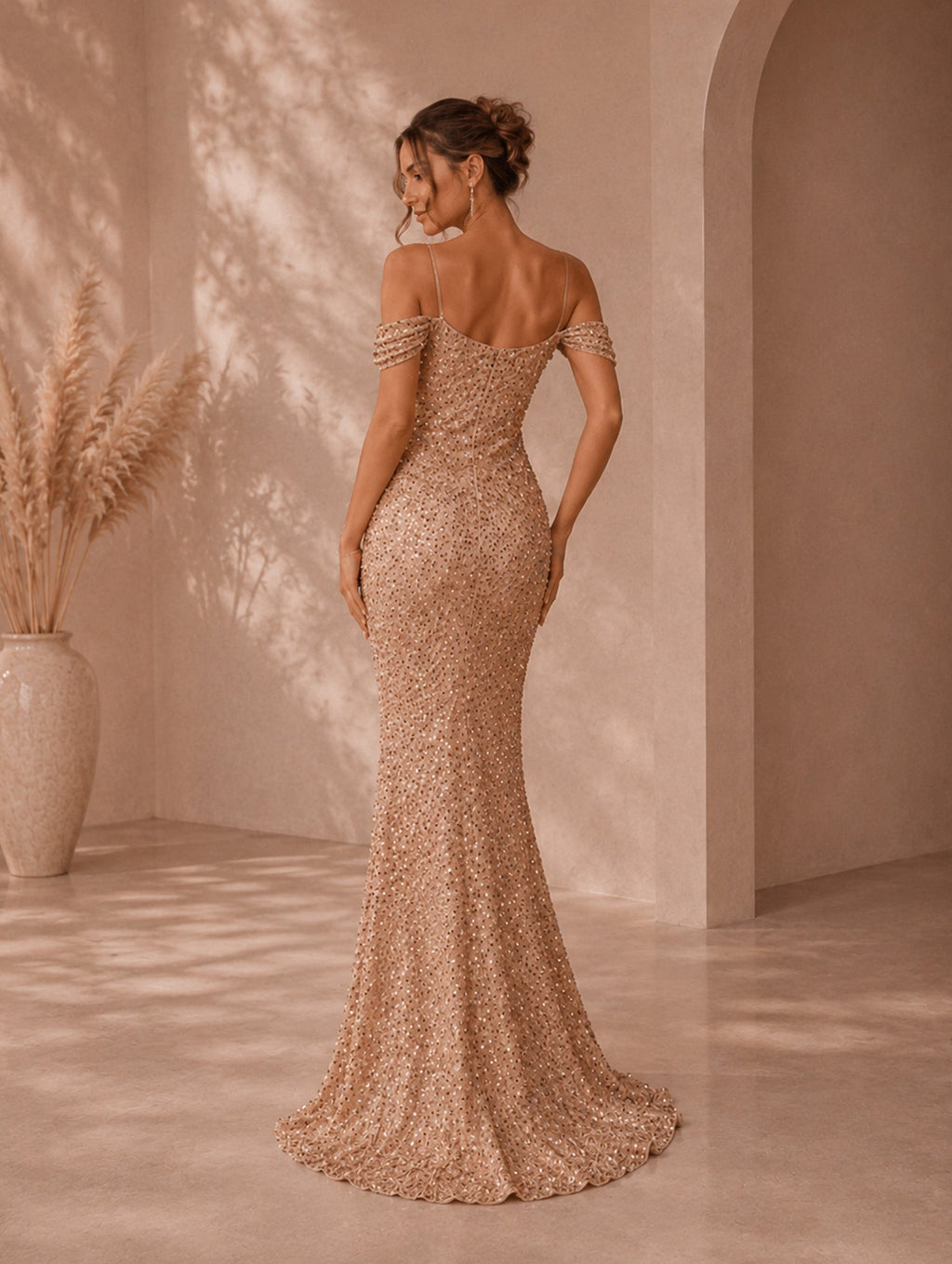 Women’s Glamorous Sequin Spaghetti Strap Cold Shoulder Slim Mermaid Maxi Dress with High Slit