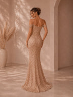 Women’s Glamorous Sequin Spaghetti Strap Cold Shoulder Slim Mermaid Maxi Dress with High Slit