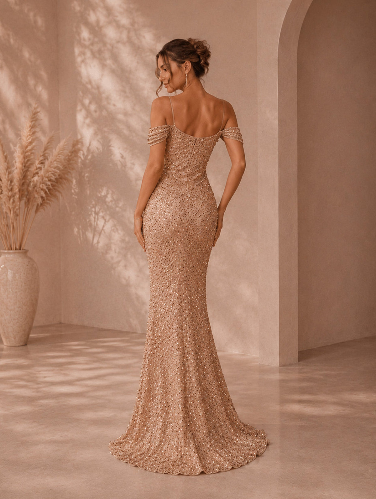 Women’s Glamorous Sequin Spaghetti Strap Cold Shoulder Slim Mermaid Maxi Dress with High Slit