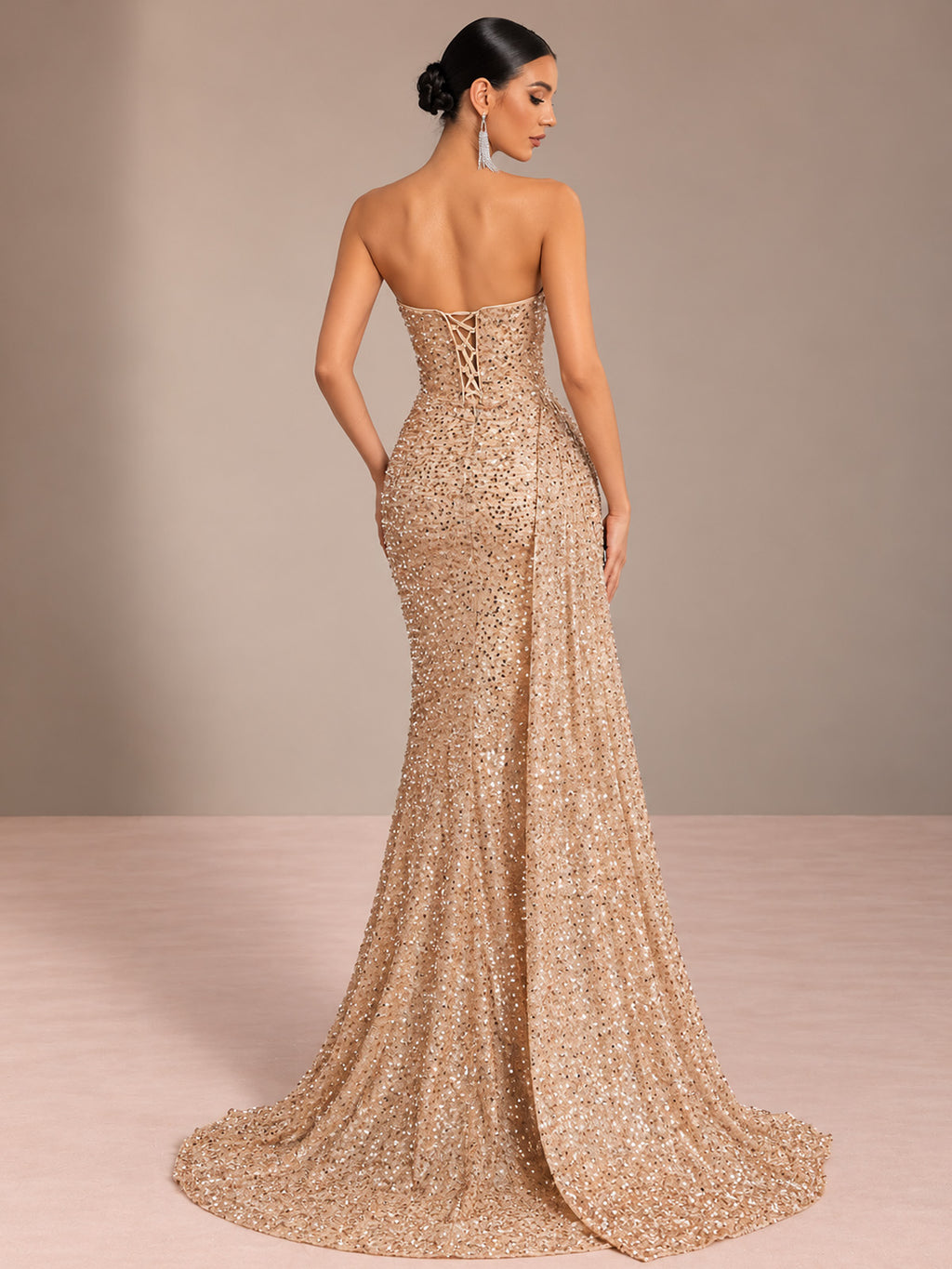 Women’s Champagne Gold Glamorous Sequin One Shoulder Sleeveless Mermaid Maxi Dress with Ruched Detail, High Slit and Lace-Up Back