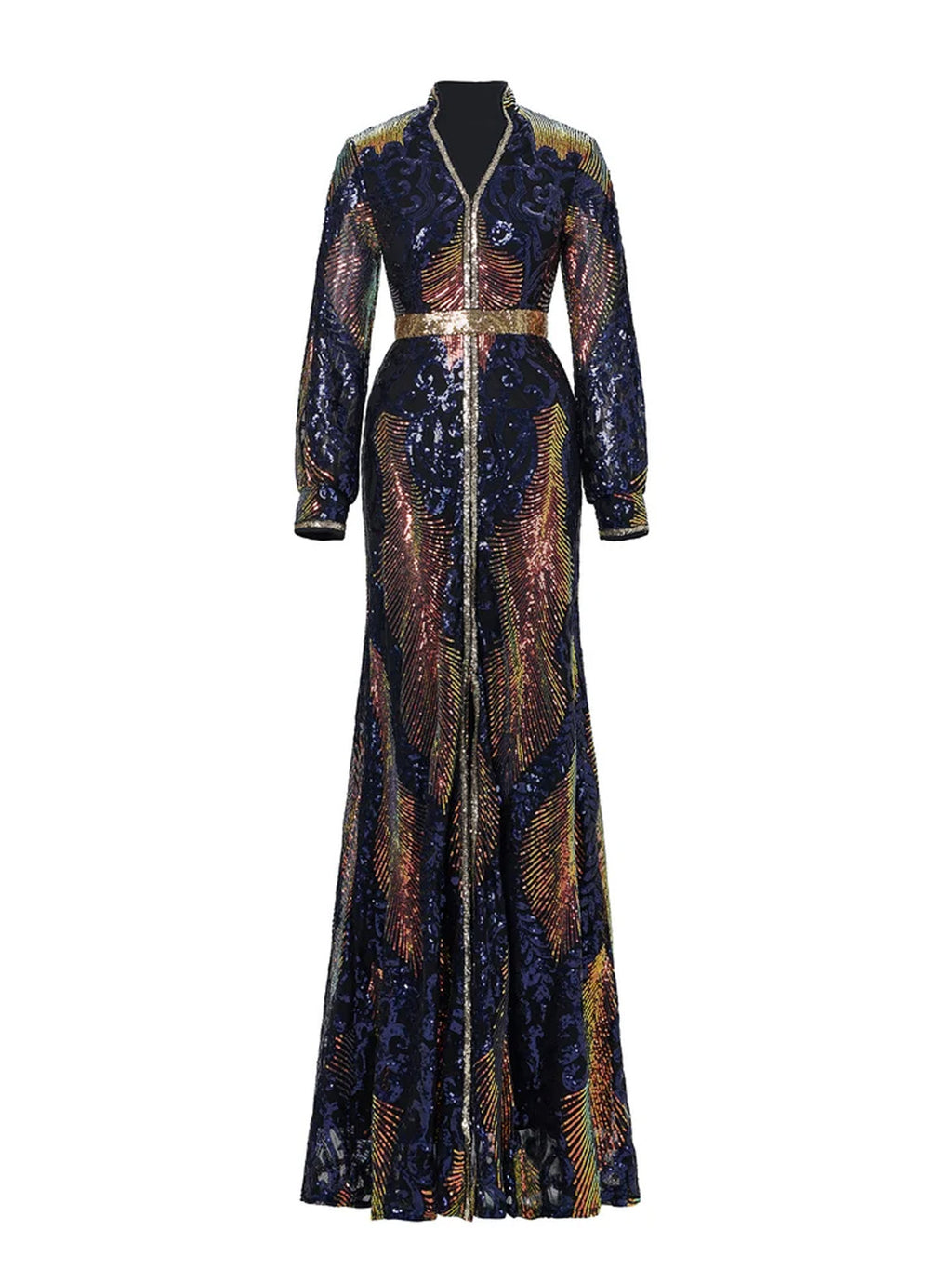 Women’s Multicolor Elegant Sequin Mesh Stand Collar Split Long Sleeve A-Line Maxi Dress with Contrast Trim