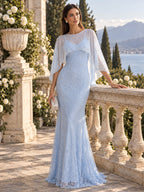 Women’s Light Blue Elegant Lace Round Neck 3/4 Sleeve Mermaid Maxi Dress with Pearl Mesh Overlay