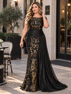Women’s Black and Gold Elegant Sequin Mesh Round Neck Cap Sleeve Mermaid Maxi Dress with Draped Side Panel