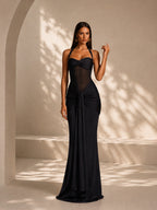 Women’s Burgundy Elegant Ruched Halter Neck Backless Maxi Dress