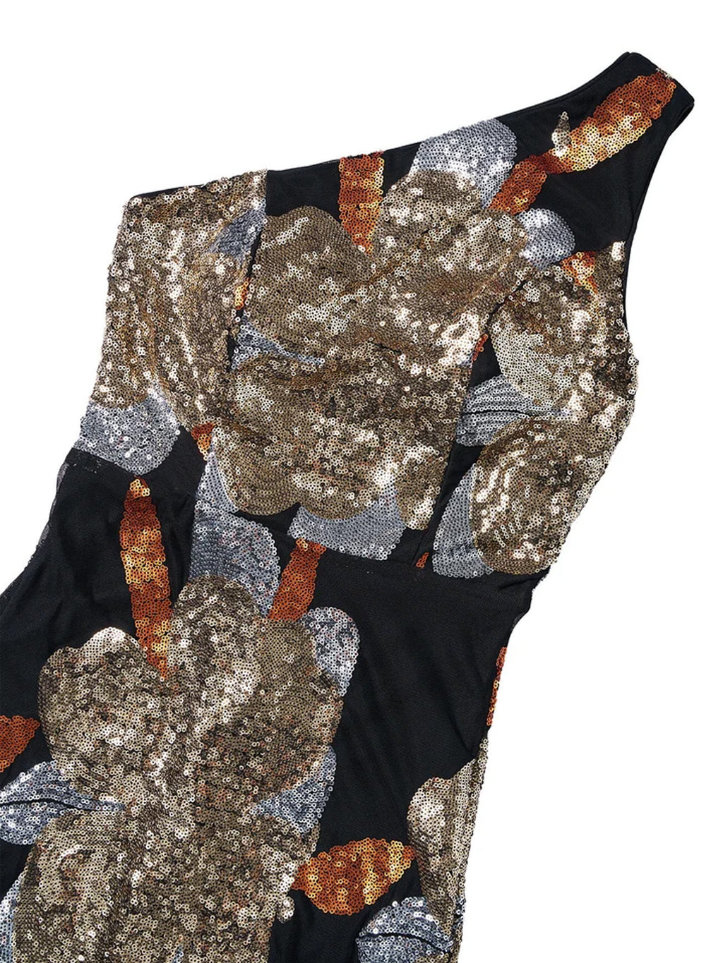 Women’s Black Gold Glamorous Sequin One-Shoulder Sleeveless Fitted Maxi Dress with Floral Detail