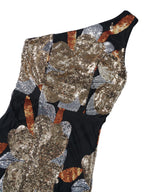 Women’s Black Gold Glamorous Sequin One-Shoulder Sleeveless Fitted Maxi Dress with Floral Detail