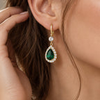 Women’s Gold-Tone Emerald Green Teardrop Rhinestone Halo Drop Earrings