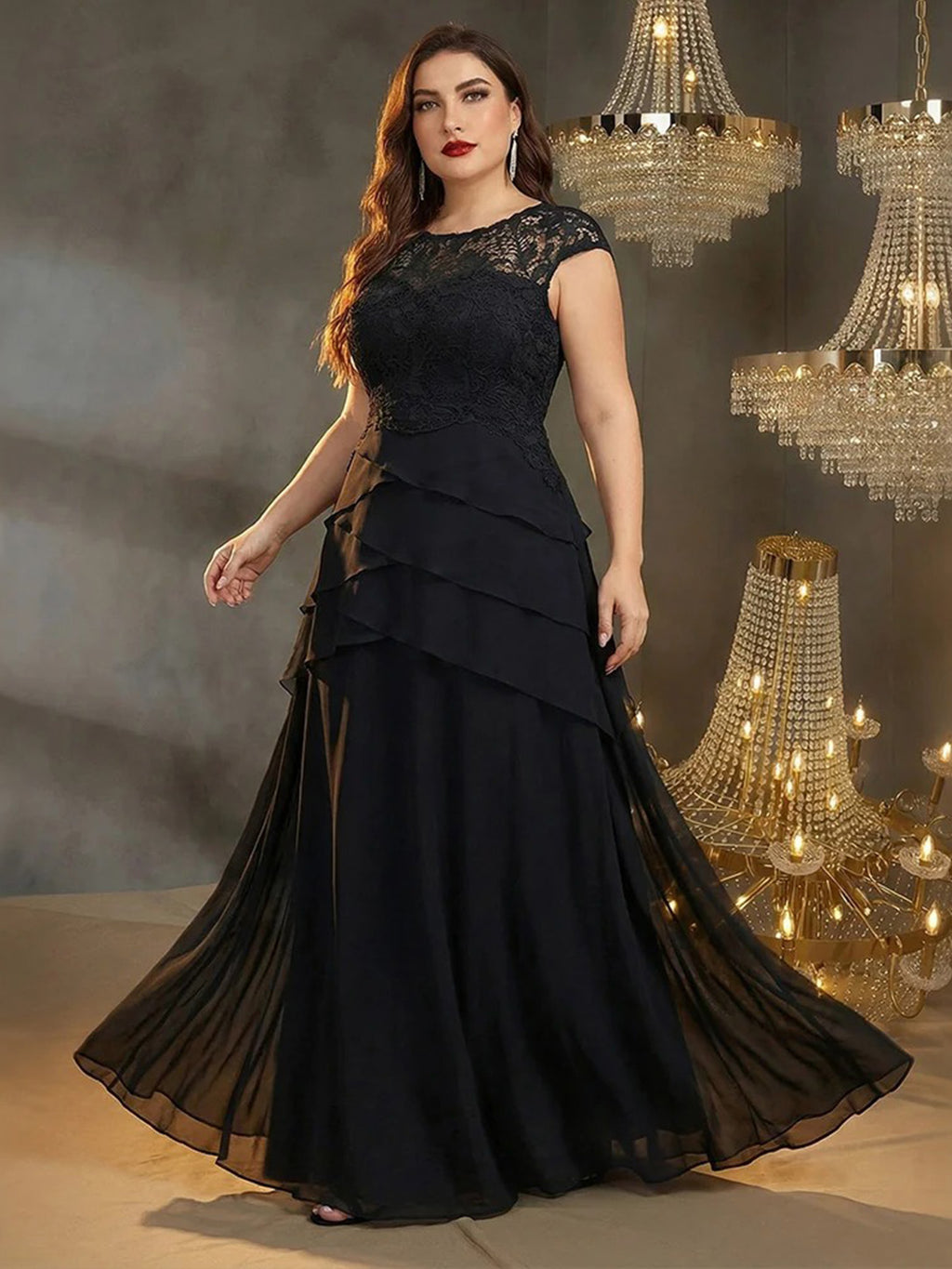 Women’s Black Elegant Lace Round Neck Cap Sleeve Tiered A-Line Maxi Dress with Chiffon Overlay