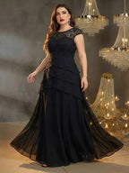 Women’s Black Elegant Lace Round Neck Cap Sleeve Tiered A-Line Maxi Dress with Chiffon Overlay