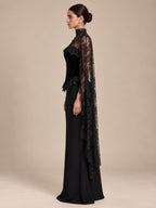 Women’s Black Elegant Strapless Velvet Mermaid Maxi Dress with Sheer Floral Lace Cape and Corset Detail