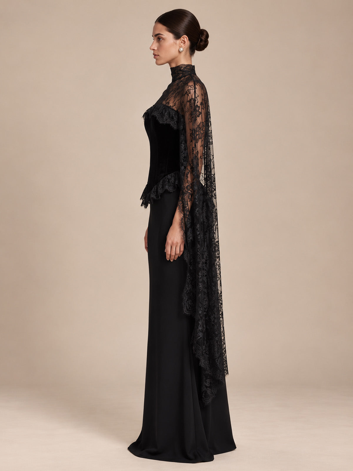 Women’s Black Elegant Strapless Velvet Mermaid Maxi Dress with Sheer Floral Lace Cape and Corset Detail