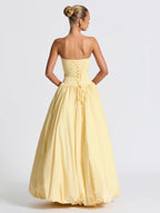 Women’s Butter Yellow Elegant Strapless Sleeveless A-Line Maxi Dress with Ruched Bodice, High-Low Hem and Lace-Up Back