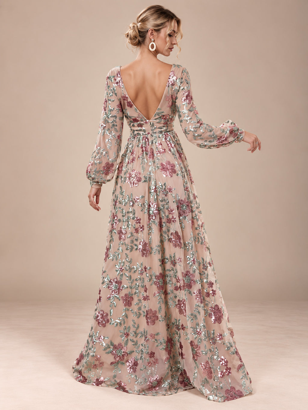 Women’s Champagne Elegant Floral Sequin V-Neck Long Sleeve A-Line Maxi Dress with Sheer Mesh Detail