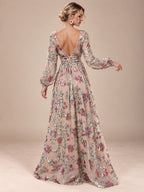 Women’s Champagne Elegant Floral Sequin V-Neck Long Sleeve A-Line Maxi Dress with Sheer Mesh Detail