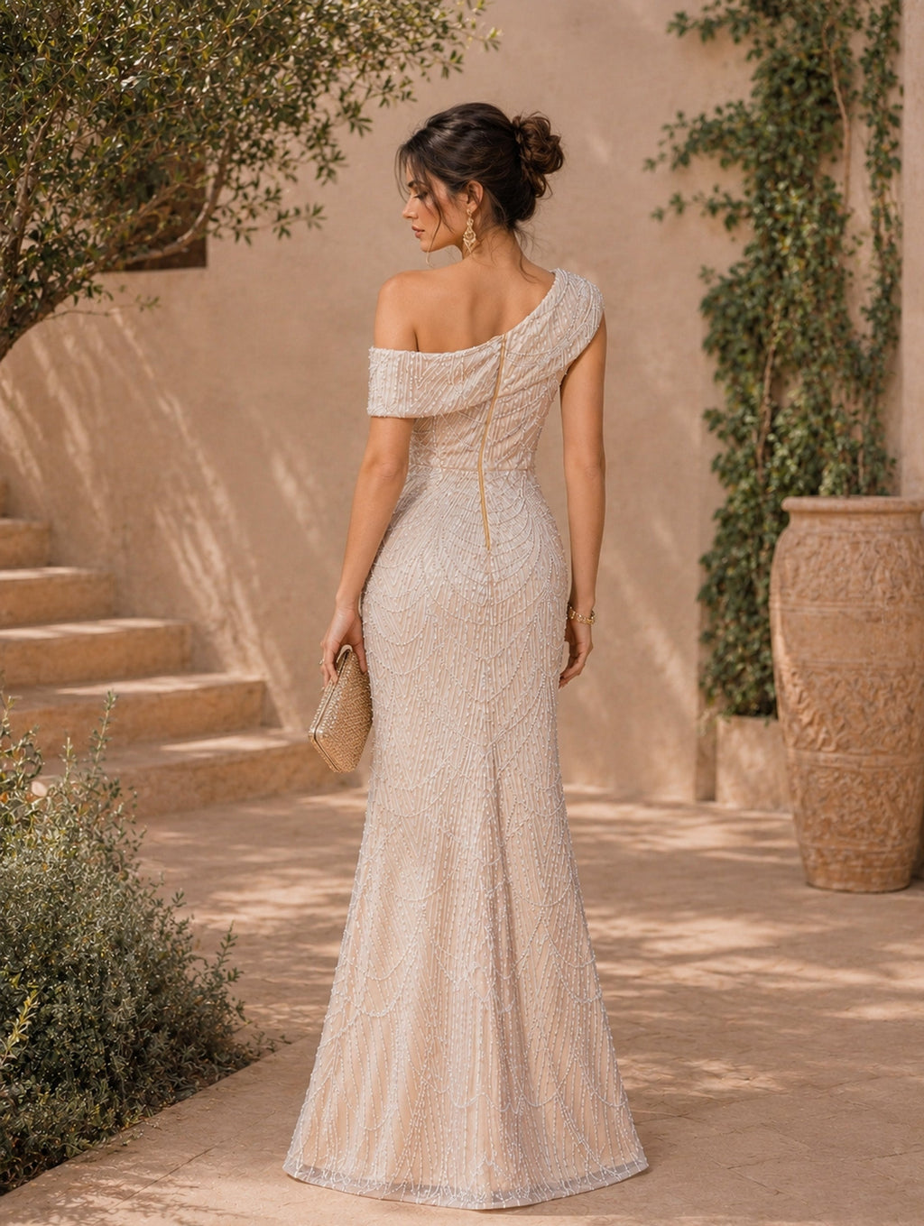 Women’s Champagne Elegant Sequin Asymmetrical Neck Short Sleeve Slim Mermaid Maxi Dress with Beaded Detail and High Slit