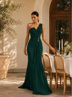 Women’s Green Draped Chiffon One-Shoulder Sleeveless Slim Mermaid Maxi Dress