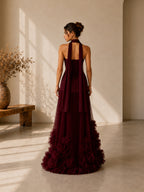 Women’s Burgundy Elegant Strapless Sleeveless Slim Maxi Evening Dress