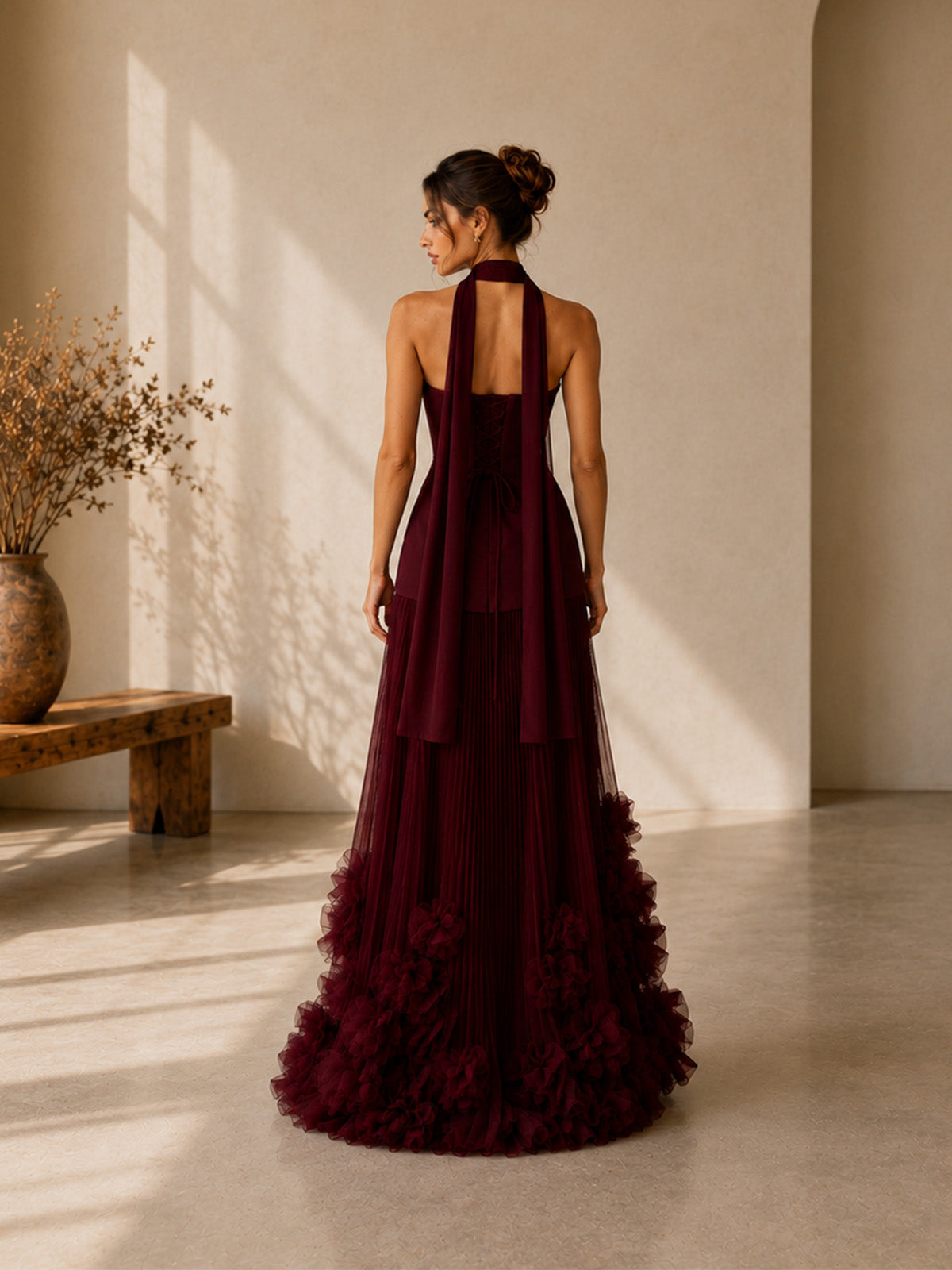 Women’s Burgundy Elegant Strapless Sleeveless Slim Maxi Evening Dress