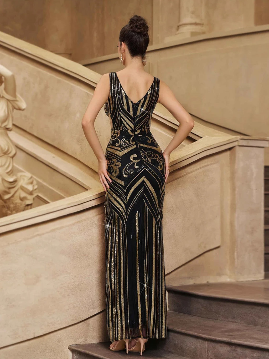 Women’s Black Gold Glamorous Sequin Mesh V Neck Sleeveless Mermaid Maxi Dress with High Slit Detail