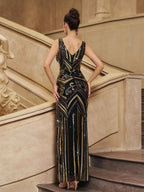 Women’s Black Gold Glamorous Sequin Mesh V Neck Sleeveless Mermaid Maxi Dress with High Slit Detail