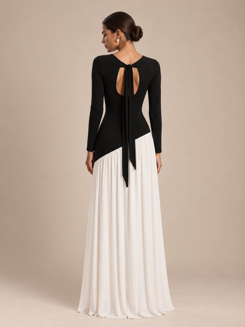 Women’s Black and White Elegant Round Neck Long Sleeve Colorblock A-Line Maxi Dress with Asymmetric Waist and Pleated Detail