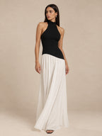 Women’s Black and White Elegant Halter Neck Sleeveless Colorblock A-Line Maxi Dress with Asymmetric Waist Detail