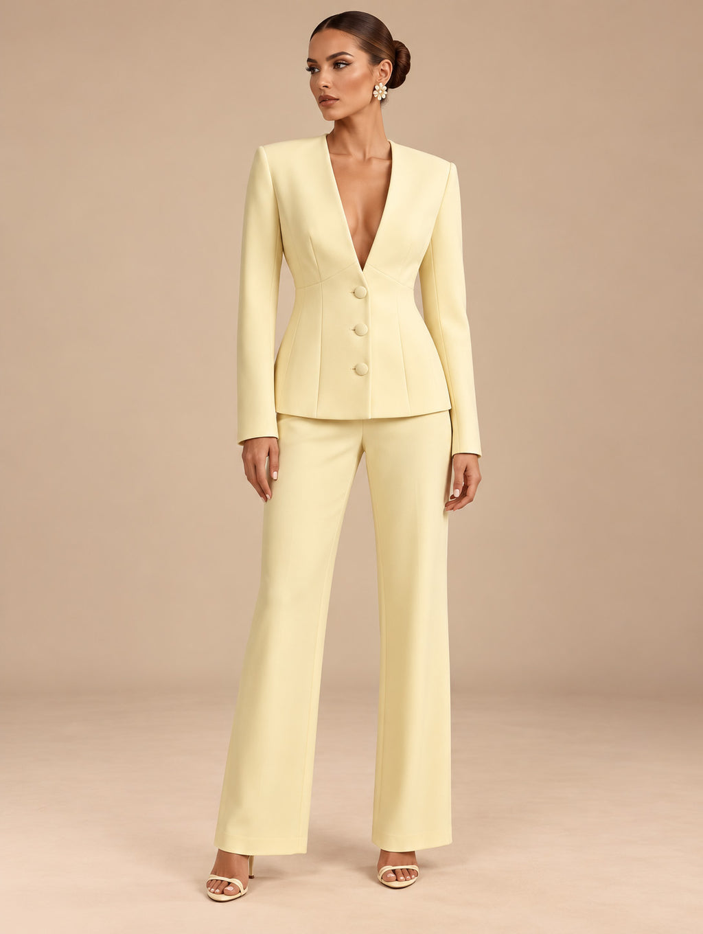 Women's Tailored Deep V-Neck Long Sleeve Blazer and Wide-Leg Pants Set with Three-Button Detail