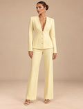 Women's Tailored Deep V-Neck Long Sleeve Blazer and Wide-Leg Pants Set with Three-Button Detail