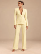 Women's Tailored Deep V-Neck Long Sleeve Blazer and Wide-Leg Pants Set with Three-Button Detail