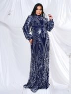 Women’s Navy Blue Elegant Sequin Mesh High Neck Long Sleeve Mermaid Maxi Dress with Puff Shoulders