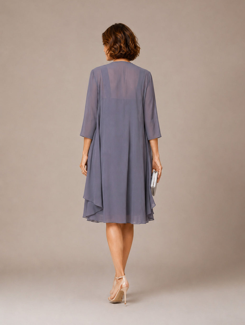 Women’s Gray Elegant Chiffon Square Neck Sleeveless Regular Knee-Length Two Pieces Wedding Guest Dress Set with 3/4 Sleeve Ruffle Jacket