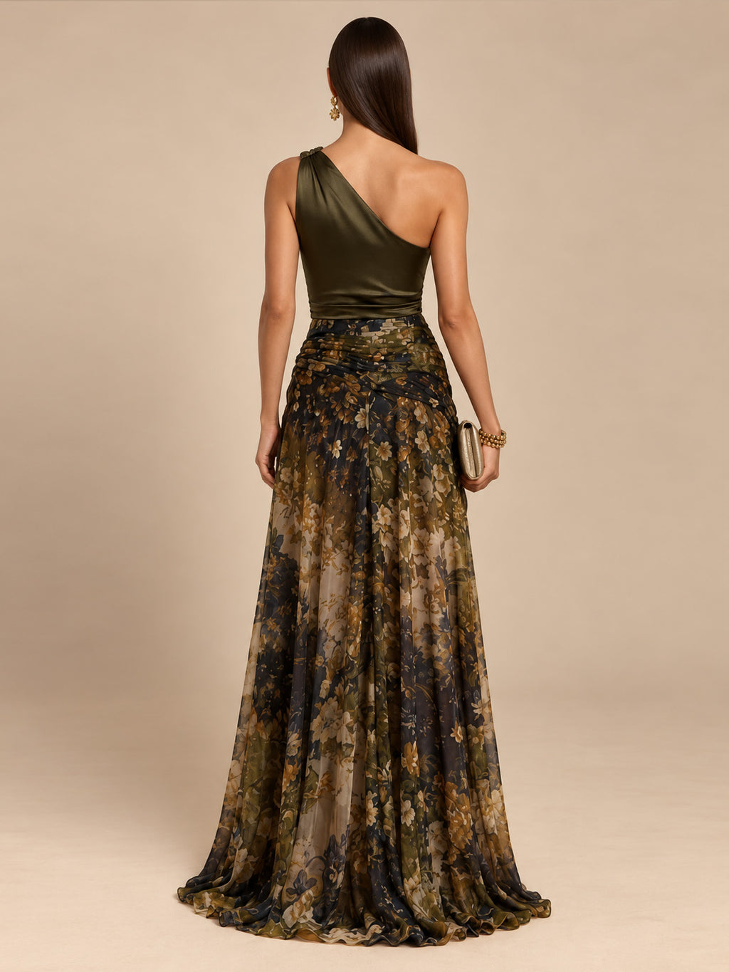 Women’s Olive Green Elegant Satin One Shoulder Sleeveless Floral Chiffon High Slit Maxi Dress with Corsage Detail